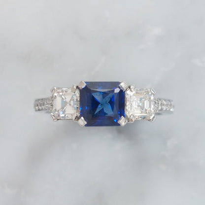 1.45ct Sapphire and Asscher Cut Diamond Three Stone Ring