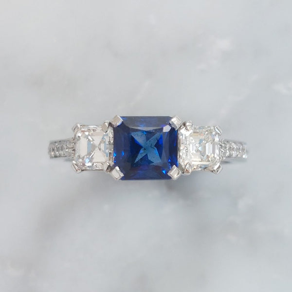1.45ct Sapphire and Asscher Cut Diamond Three Stone Ring