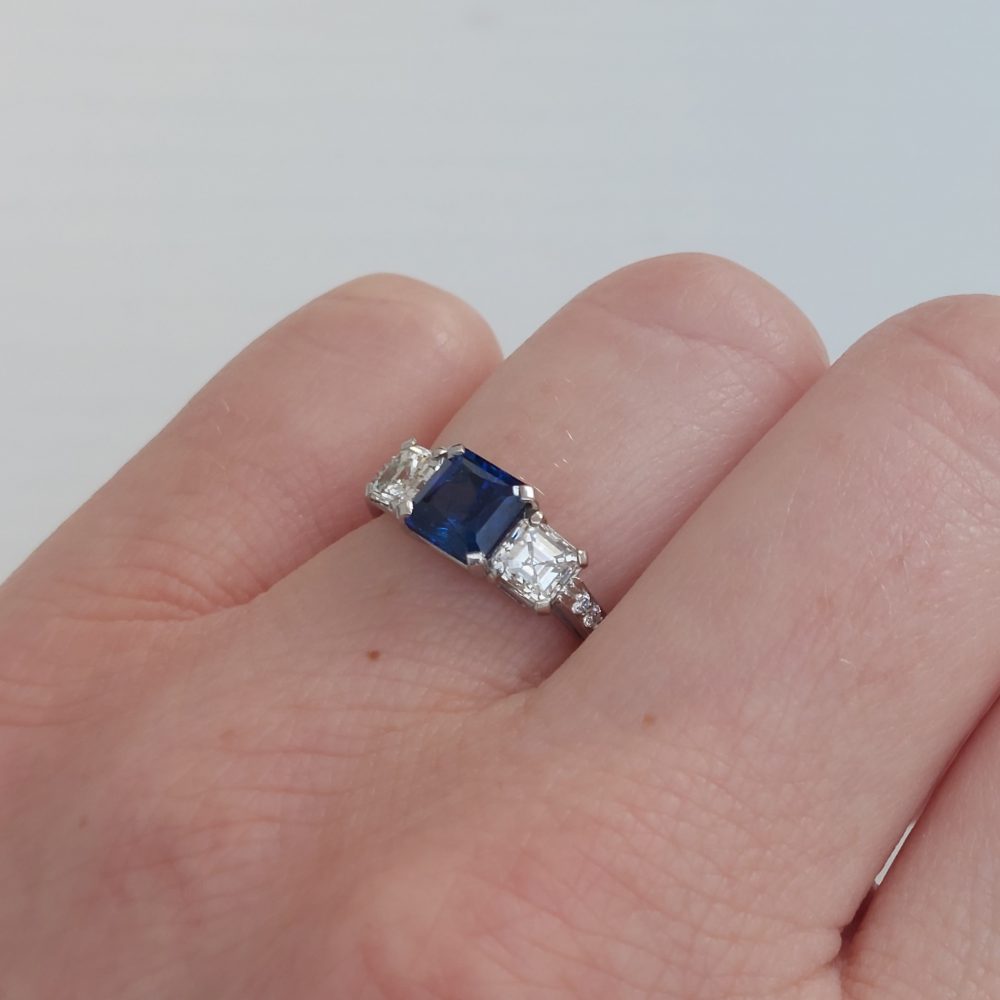1.45ct Sapphire and Asscher Cut Diamond Three Stone Ring