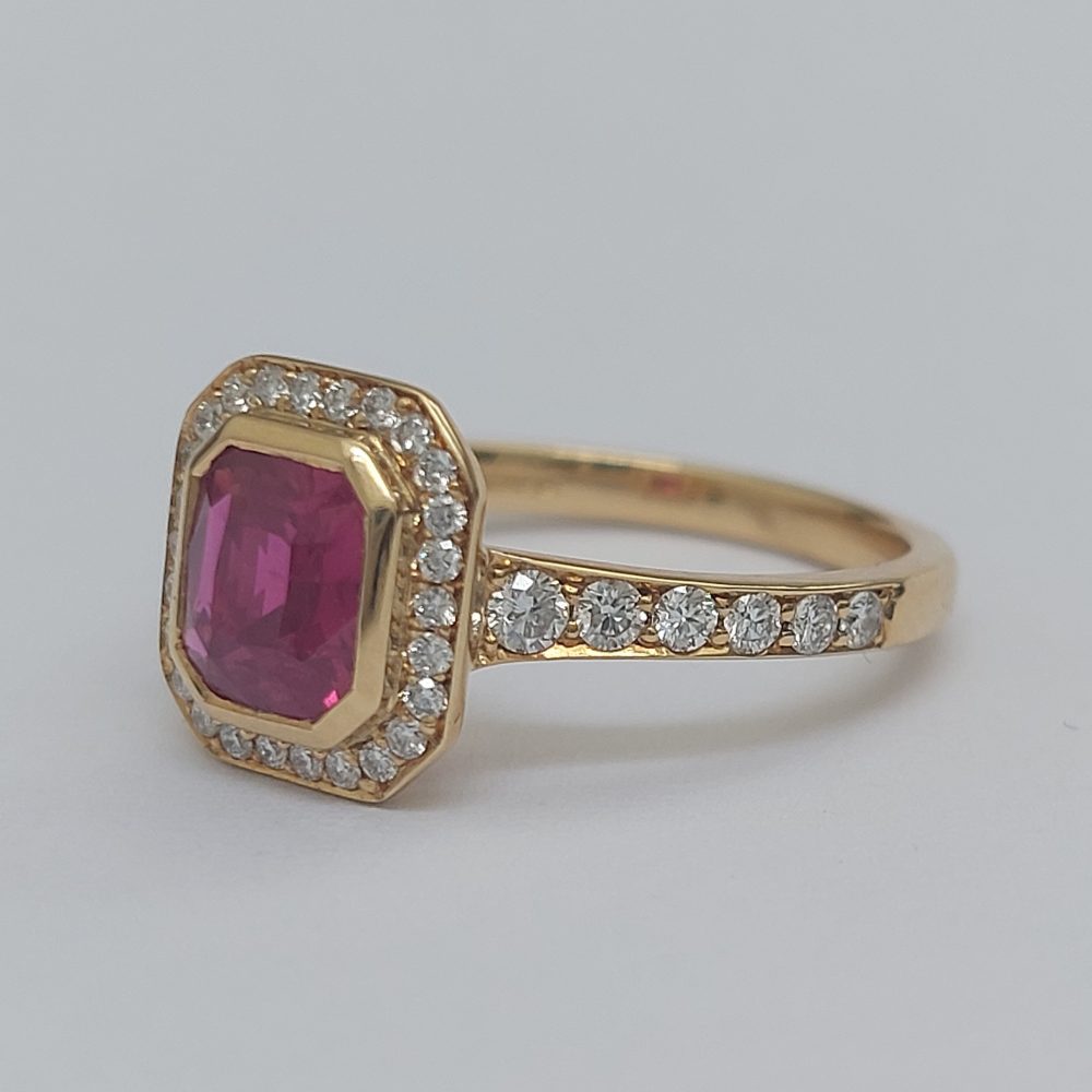 1.46ct Radiant Cut Ruby and Diamond Cluster Ring