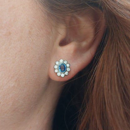 1.50ct Oval Sapphire and Diamond Floral Cluster Earrings