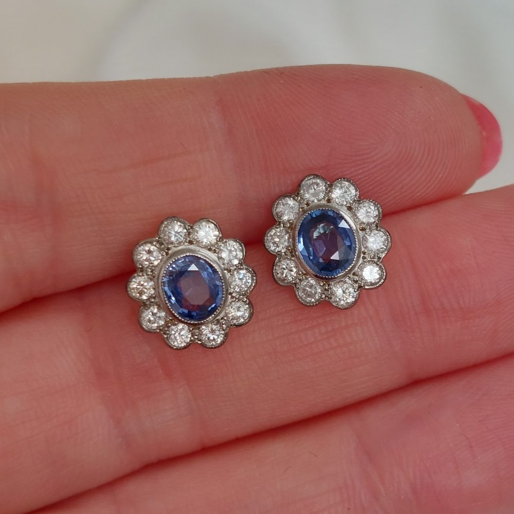 1.50ct Oval Sapphire and Diamond Floral Cluster Earrings