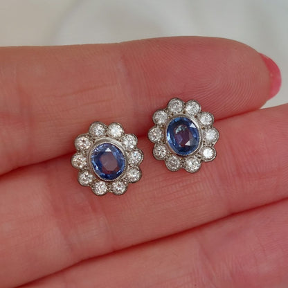 1.50ct Oval Sapphire and Diamond Floral Cluster Earrings