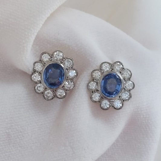 1.50ct Oval Sapphire and Diamond Floral Cluster Earrings