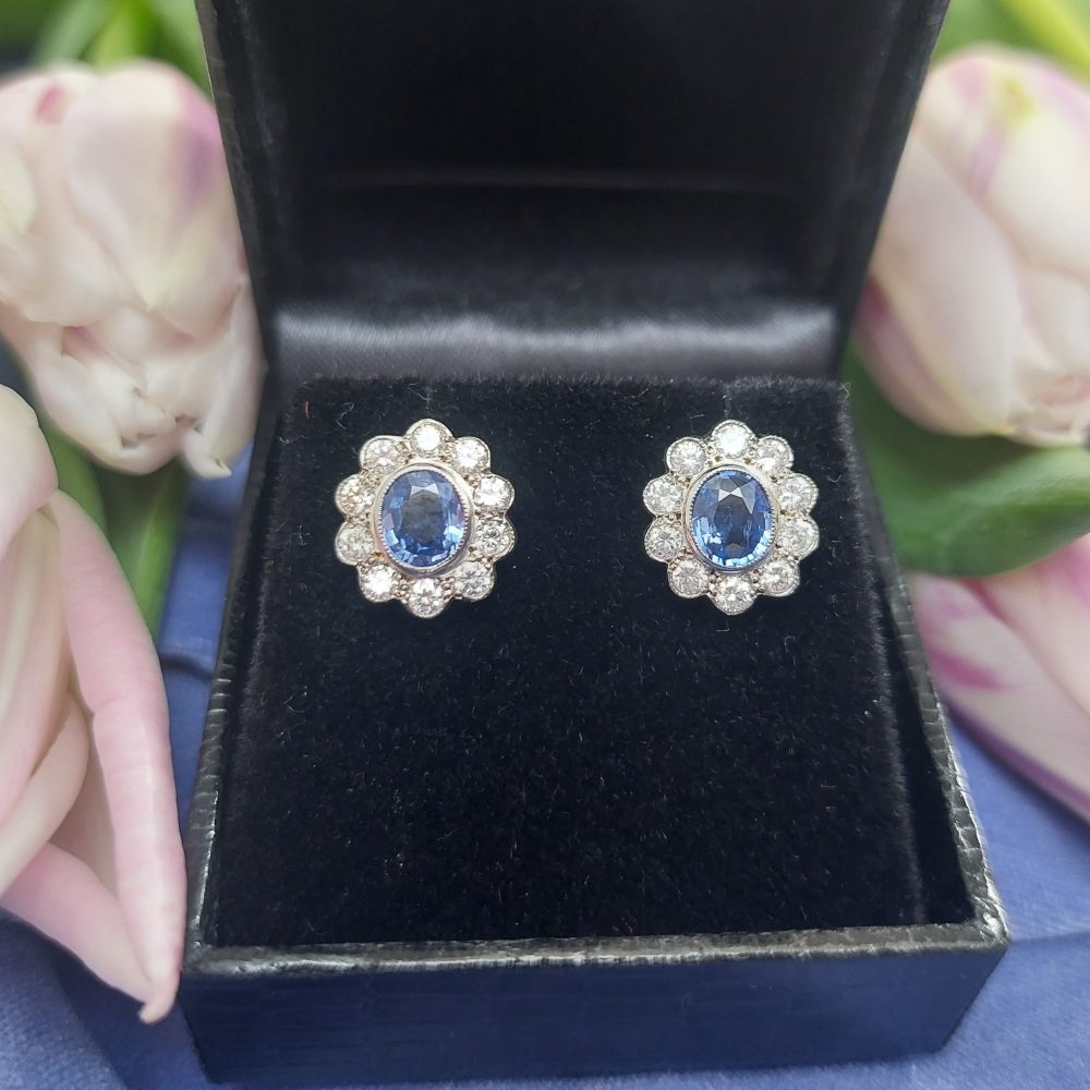 1.50ct Oval Sapphire and Diamond Floral Cluster Earrings