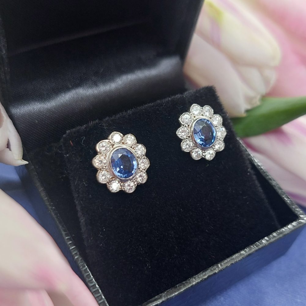 1.50ct Oval Sapphire and Diamond Floral Cluster Earrings