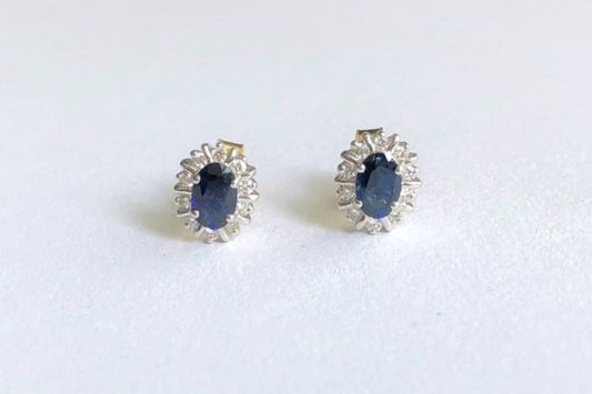 1.50ct Sapphire and Diamond Oval Cluster Gold Earrings