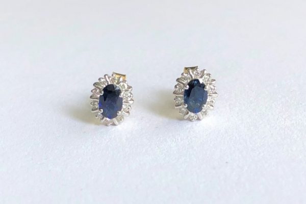 1.50ct Sapphire and Diamond Oval Cluster Gold Earrings
