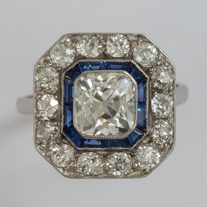 1.60ct Old Mine Cut Diamond and Sapphire Cluster Ring