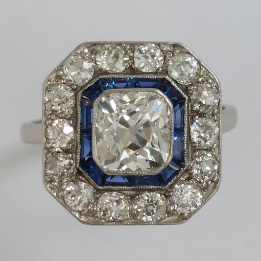 1.60ct Old Mine Cut Diamond and Sapphire Cluster Ring