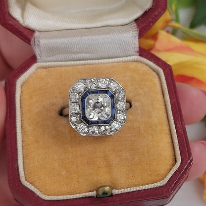 1.60ct Old Mine Cut Diamond and Sapphire Cluster Ring