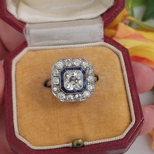 1.60ct Old Mine Cut Diamond and Sapphire Cluster Ring