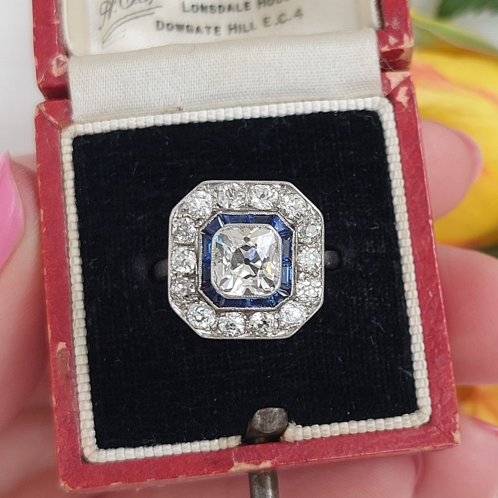 1.60ct Old Mine Cut Diamond and Sapphire Cluster Ring