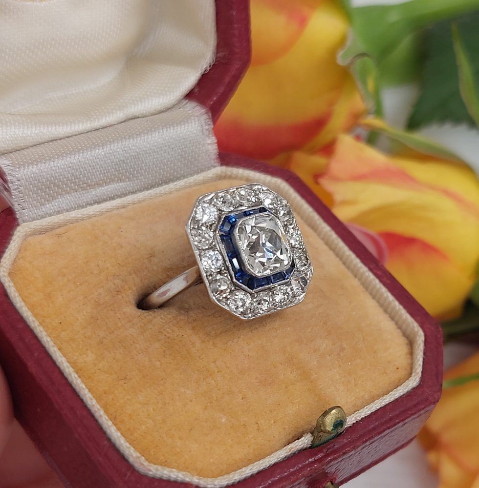 1.60ct Old Mine Cut Diamond and Sapphire Cluster Ring