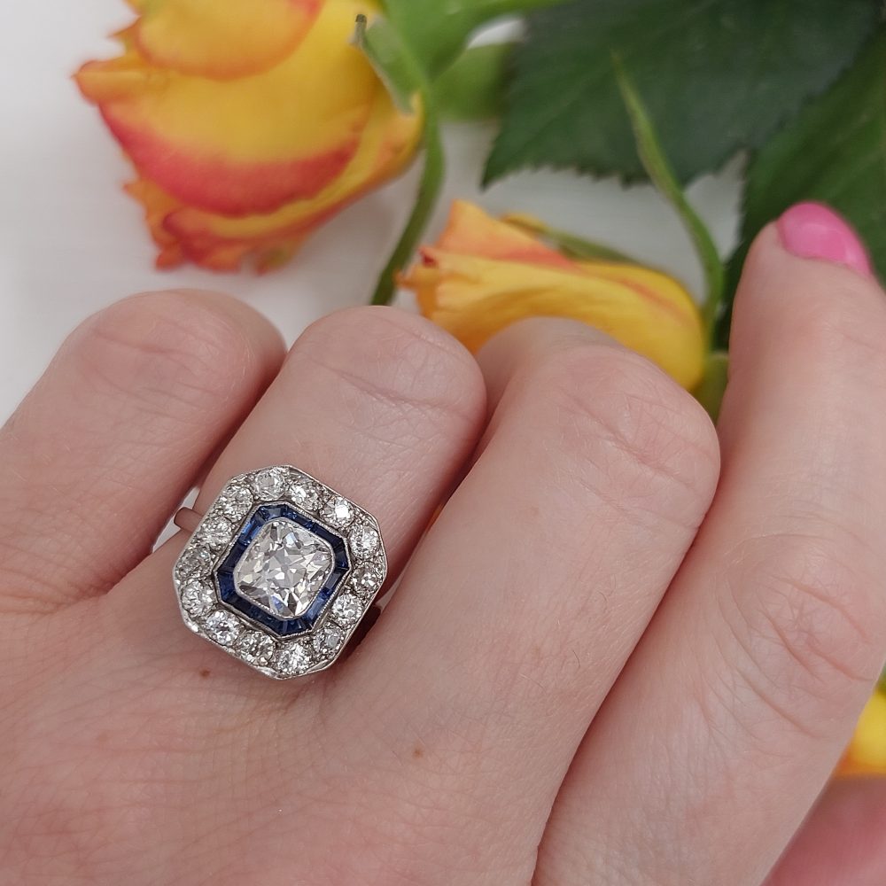 1.60ct Old Mine Cut Diamond and Sapphire Cluster Ring