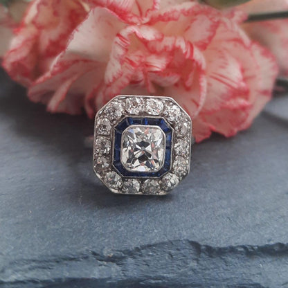 1.60ct Old Mine Cut Diamond and Sapphire Cluster Ring