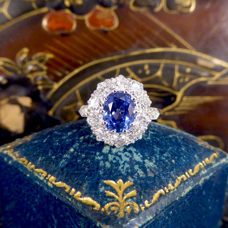 1.60ct Sapphire and 0.90ct Diamond Cluster Ring