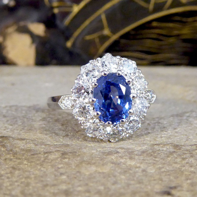 1.60ct Sapphire and 0.90ct Diamond Cluster Ring