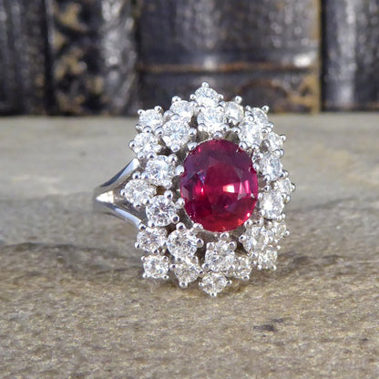 1.80ct No Heat Ruby and Diamond Double Cluster Ring