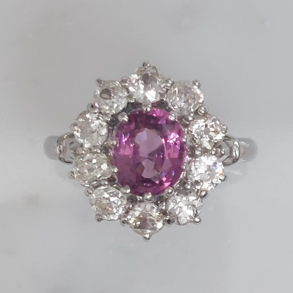 1.90ct Pink Sapphire and Old Cut Diamond Cluster Ring