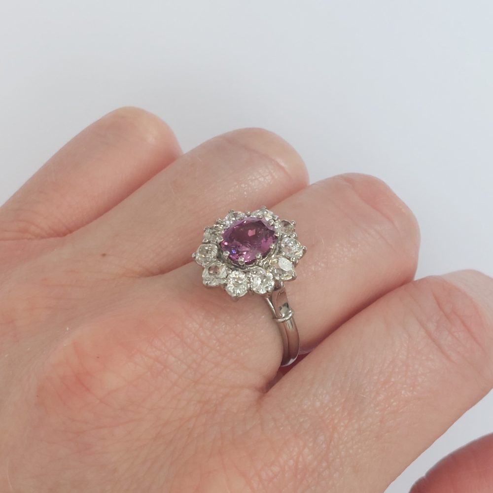 1.90ct Pink Sapphire and Old Cut Diamond Cluster Ring
