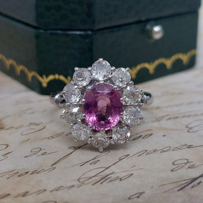 1.90ct Pink Sapphire and Old Cut Diamond Cluster Ring