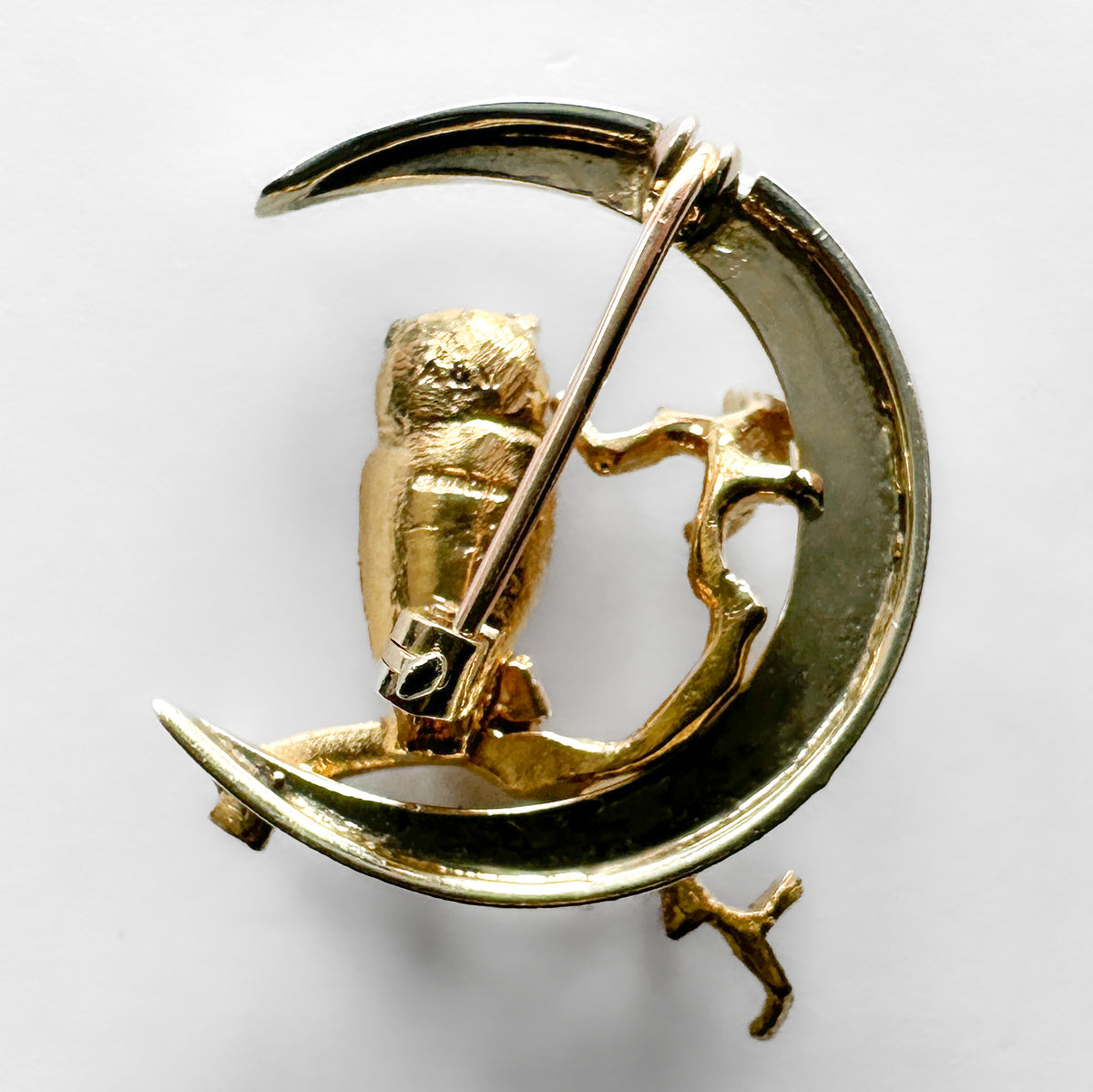 Vintage Gold Owl In The Moon Brooch