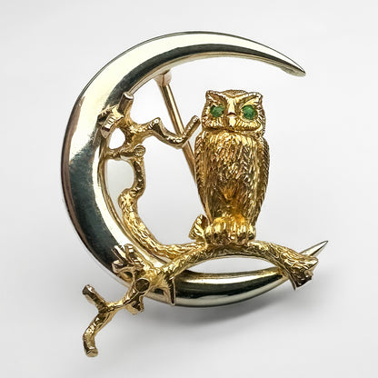 Vintage Gold Owl In The Moon Brooch