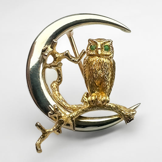 Vintage Gold Owl In The Moon Brooch