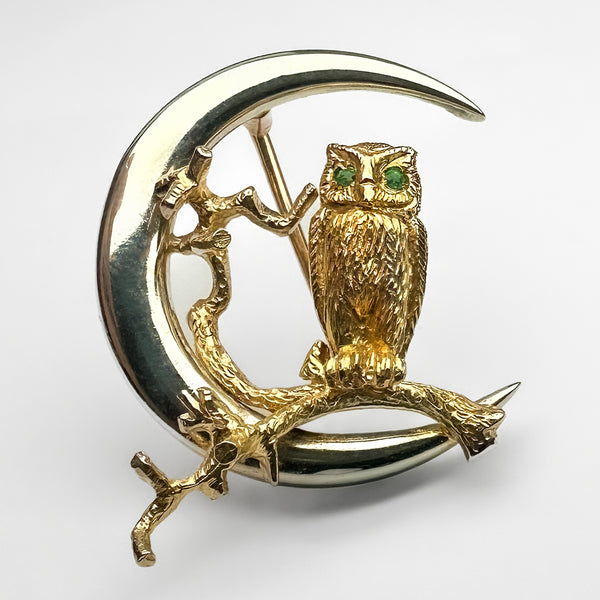 Vintage Gold Owl In The Moon Brooch