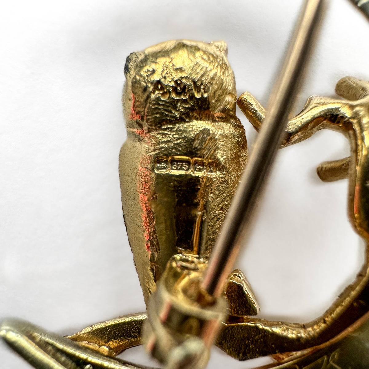 Vintage Gold Owl In The Moon Brooch