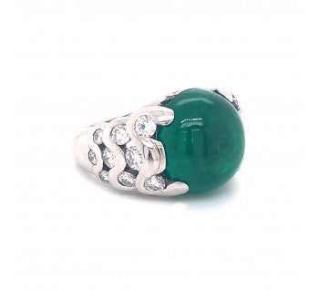 Vintage French 13.00ct Cabochon Emerald and Diamond Cocktail Ring