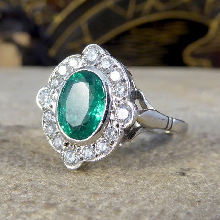 Art Deco Style Emerald and Diamond Cluster Plaque Ring, 1.35cts