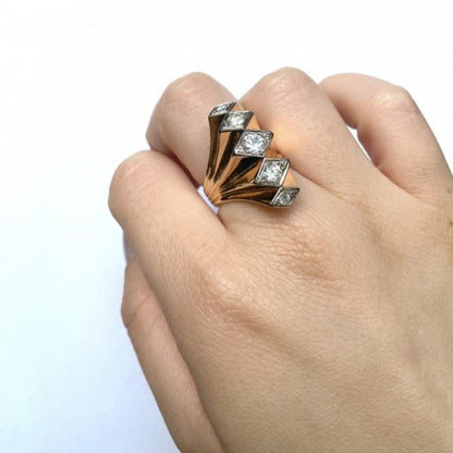 Vintage 1940s Diamond Five Row Fan Cocktail Ring in 18ct Yellow Gold