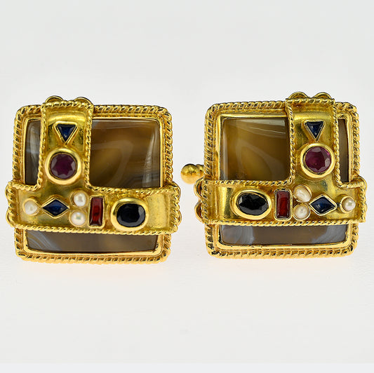 Vintage Percossi Papi Agate Multi Gemstone 18ct Yellow Gold Cufflinks