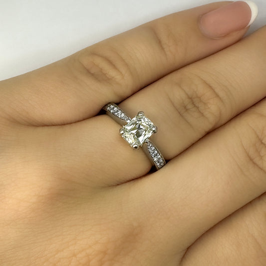Antique 1.1ct Cushion Shaped Emerald Cut Diamond Solitaire Engagement Ring