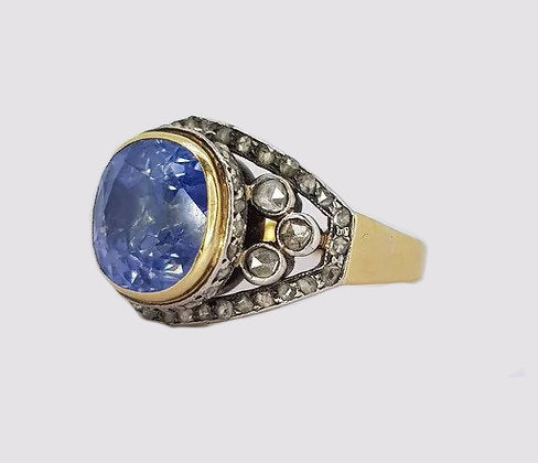Antique Victorian Natural Sapphire and Rose Cut Diamond Ring