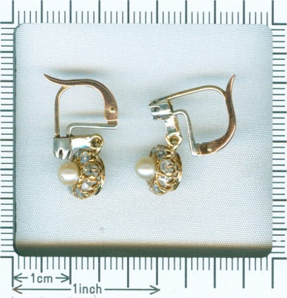 Antique Victorian Pearl and Rose Cut Diamond Earrings, Silver and Gold