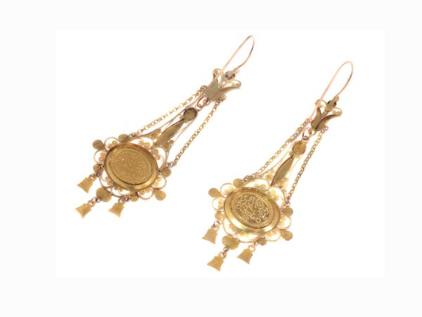 Georgian / Regency Enamel Filigree 18ct Gold Drop Earrings, Circa 1820