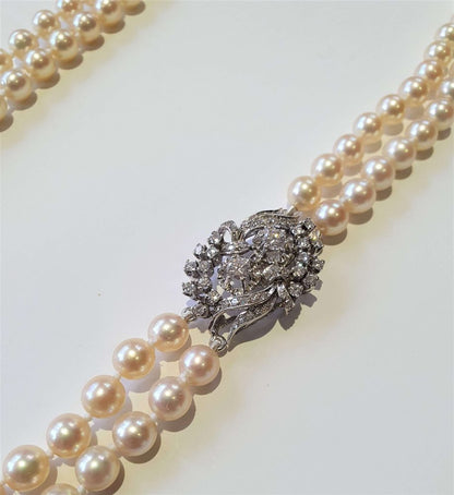 Vintage 1950s Double Row Akoya Pearl Necklace with Diamond Clasp, 1.75 carats
