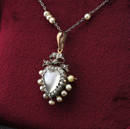 Victorian Antique Carved 3ct Moonstone Heart 1.40ct Old Mine Cut Diamond and Natural Pearl Pendant come Brooch