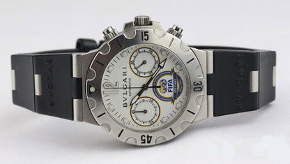 Bvlgari Diagono Fifa Limited Edition 38mm Steel Automatic Chronograph Watch, on Bulgari black hardened rubber strap with deployment buckle