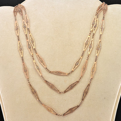 Antique Art Nouveau Filigree Lozenge 9ct Rose Gold Long Chain Necklace