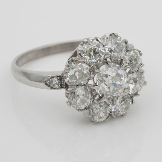 Edwardian Antique 3.15ct Old Cut Diamond Daisy Flower Cluster Engagement Ring in Platinum