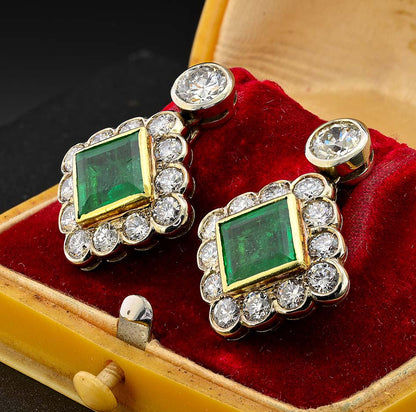 Art Deco 3.54ct Colombian Emerald and 5.75ct Diamond Cluster Drop Earrings