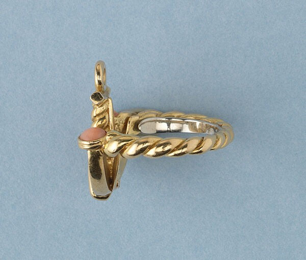 Vintage Gold Anchor Ring with Coral and Lapis, Signed Fred of Paris