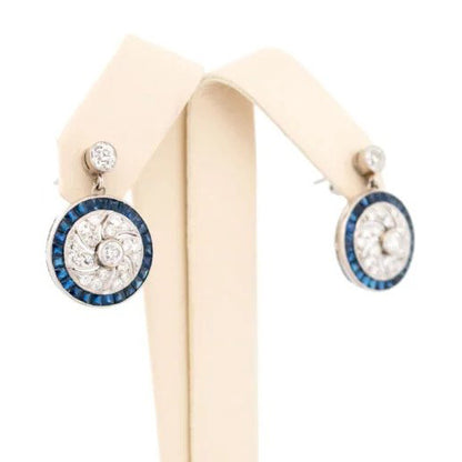 Art Deco Style 1ct Old Mine Cut Diamond and Sapphire Cluster Drop Earrings in Platinum