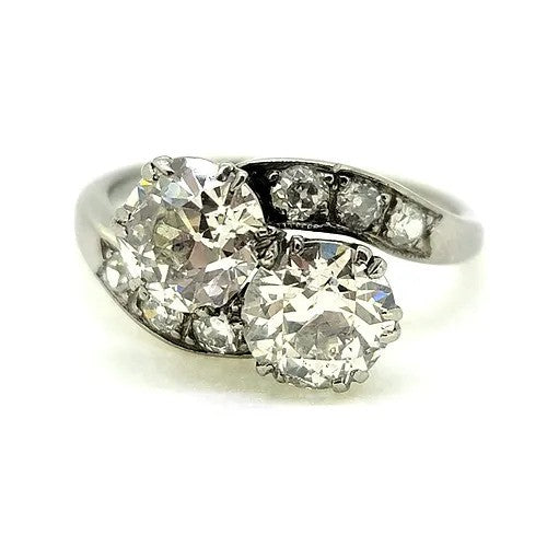 Antique 2.50ct Old Cut Diamond Toi et Moi Two Stone Crossover Engagement Ring in Platinum