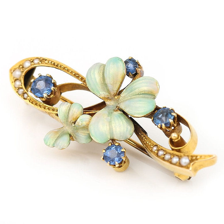 Antique Art Nouveau Sapphire Pearl and Enamel Flower Brooch