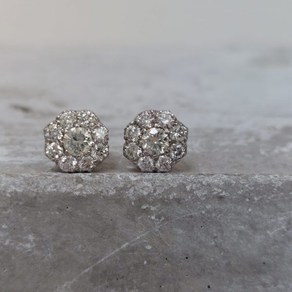 Vintage 1.20ct Old Cut Diamond Daisy Flower Cluster Stud Earrings